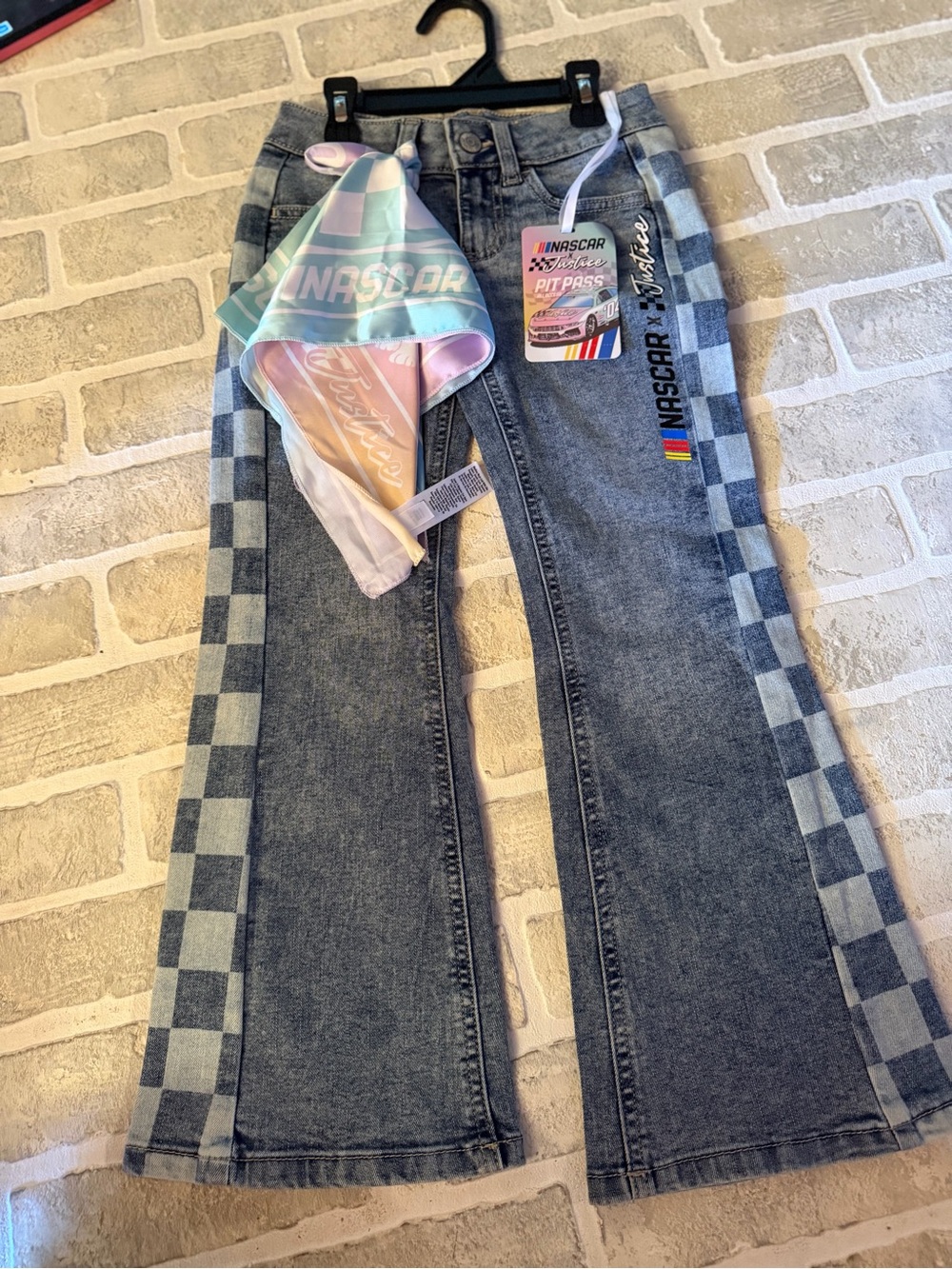 Justice Nascar Flare Jeans with Check-Panel Stripes Girls Size 6